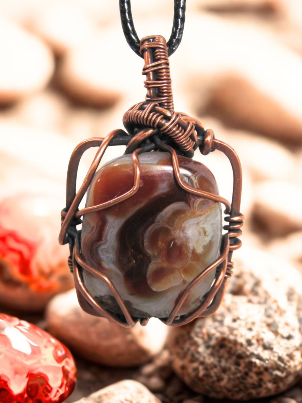 Handmade Copper Wire Wrap Fire Agate Gemstone Crystal Pendant